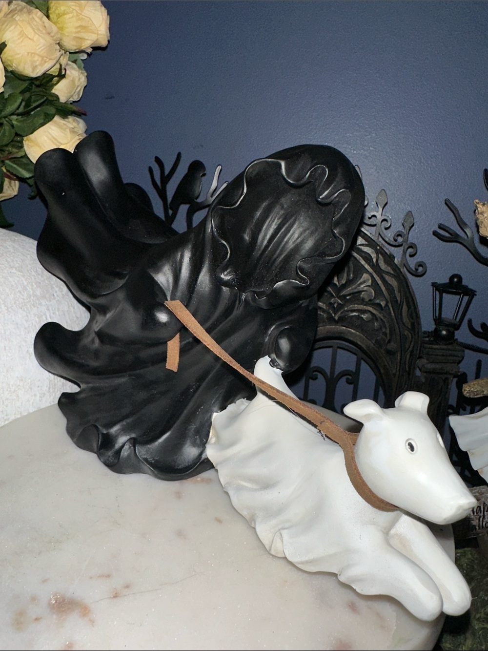 Black Cloaked Figure with White Ghost Dog Figurine